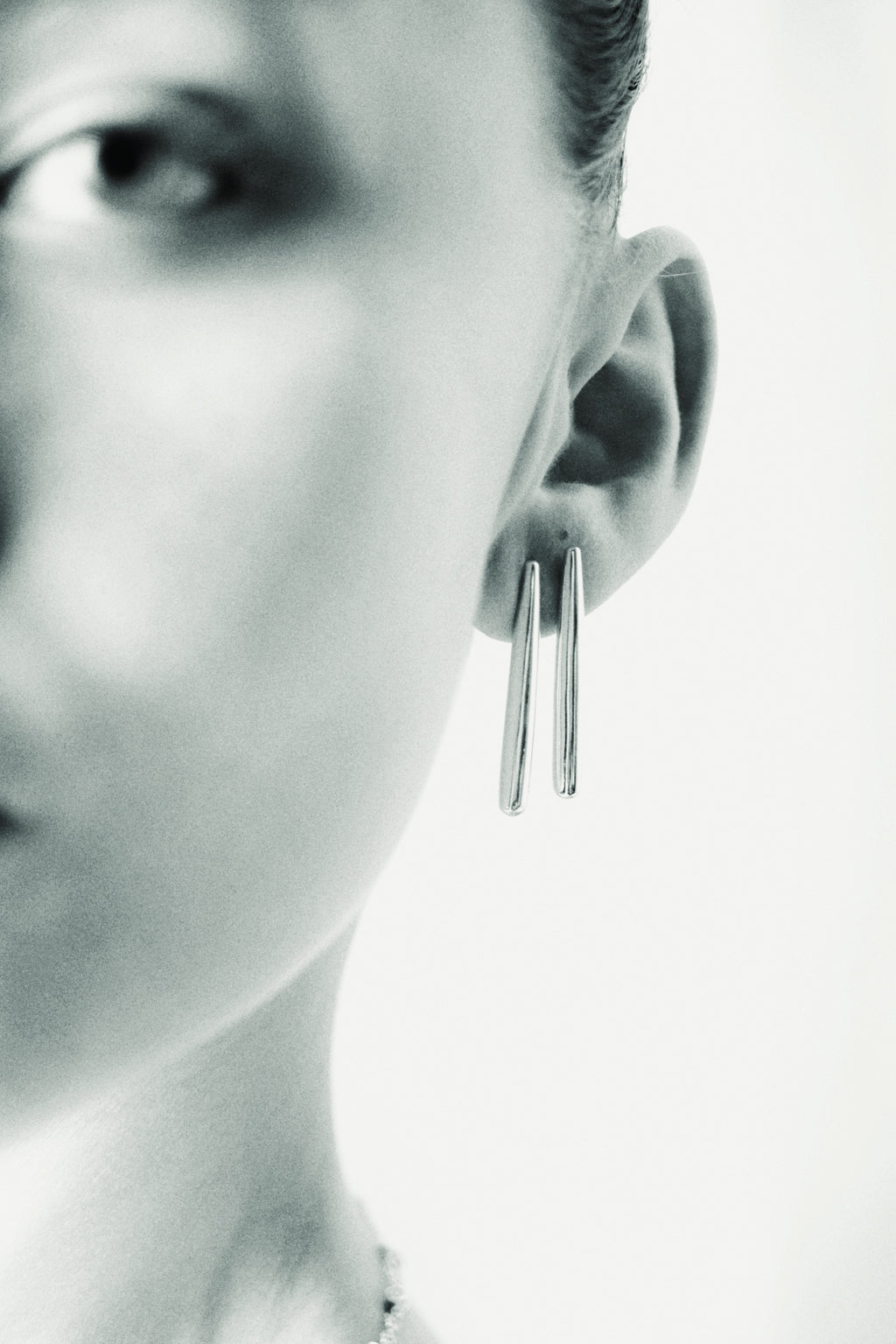 Uma Legorreta Bar Earrings Stacked,worn by model. Editorial on film