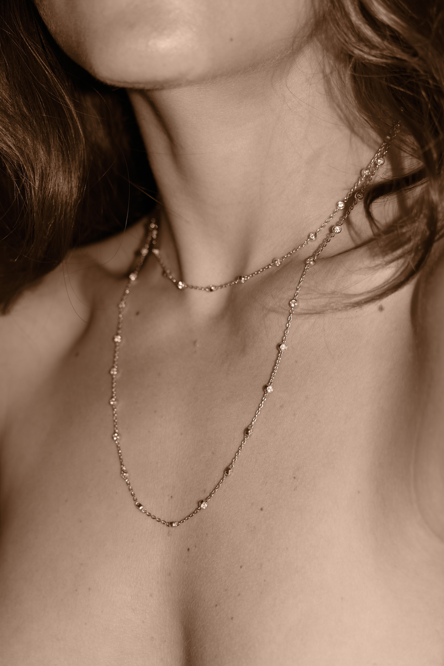 Uma Legorreta Pépite Double Necklace
Platinum and Diamonds worn by model, editorial