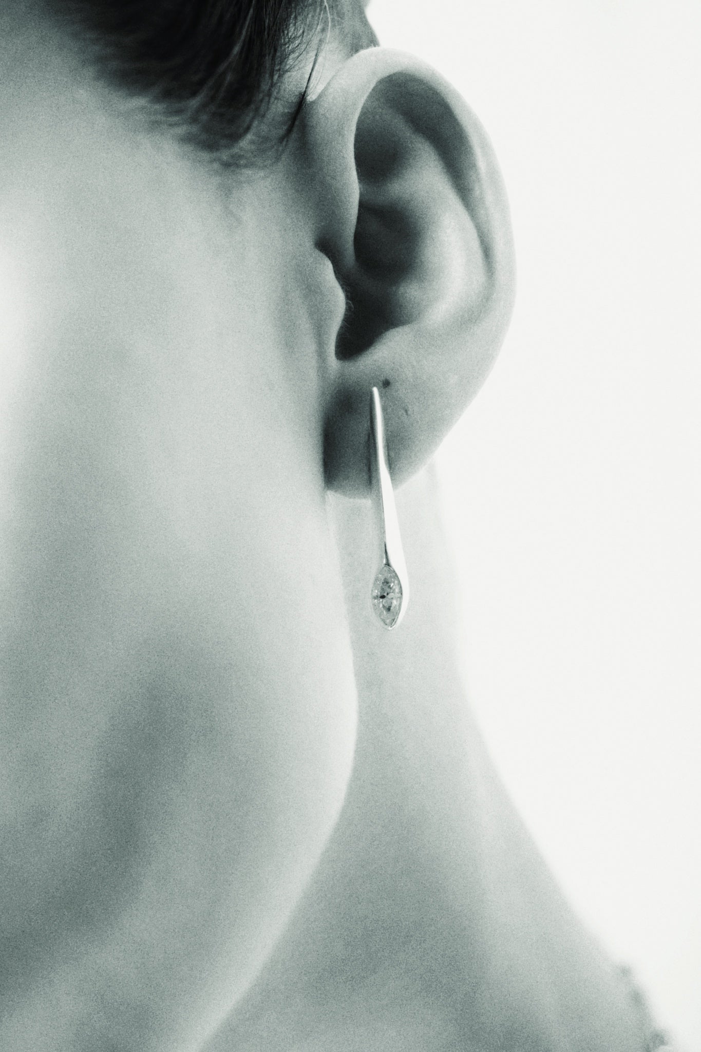 Uma Legorreta Thorn earring worn by model,  sterling silver moissanite marquise pair , editorial
